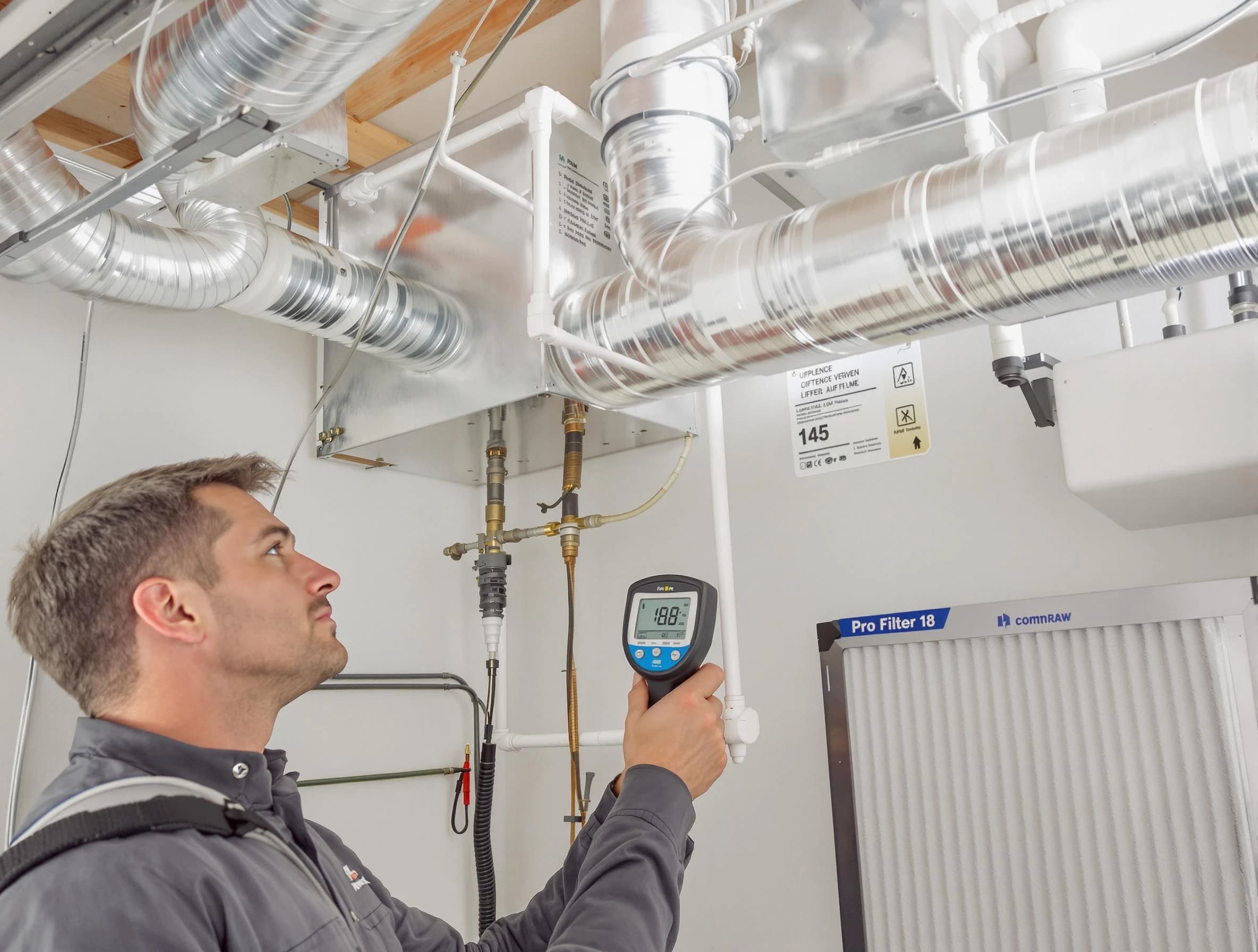 Burlington Air Duct Cleaning expert conducting detailed filter system inspection using diagnostic tools in Burlington