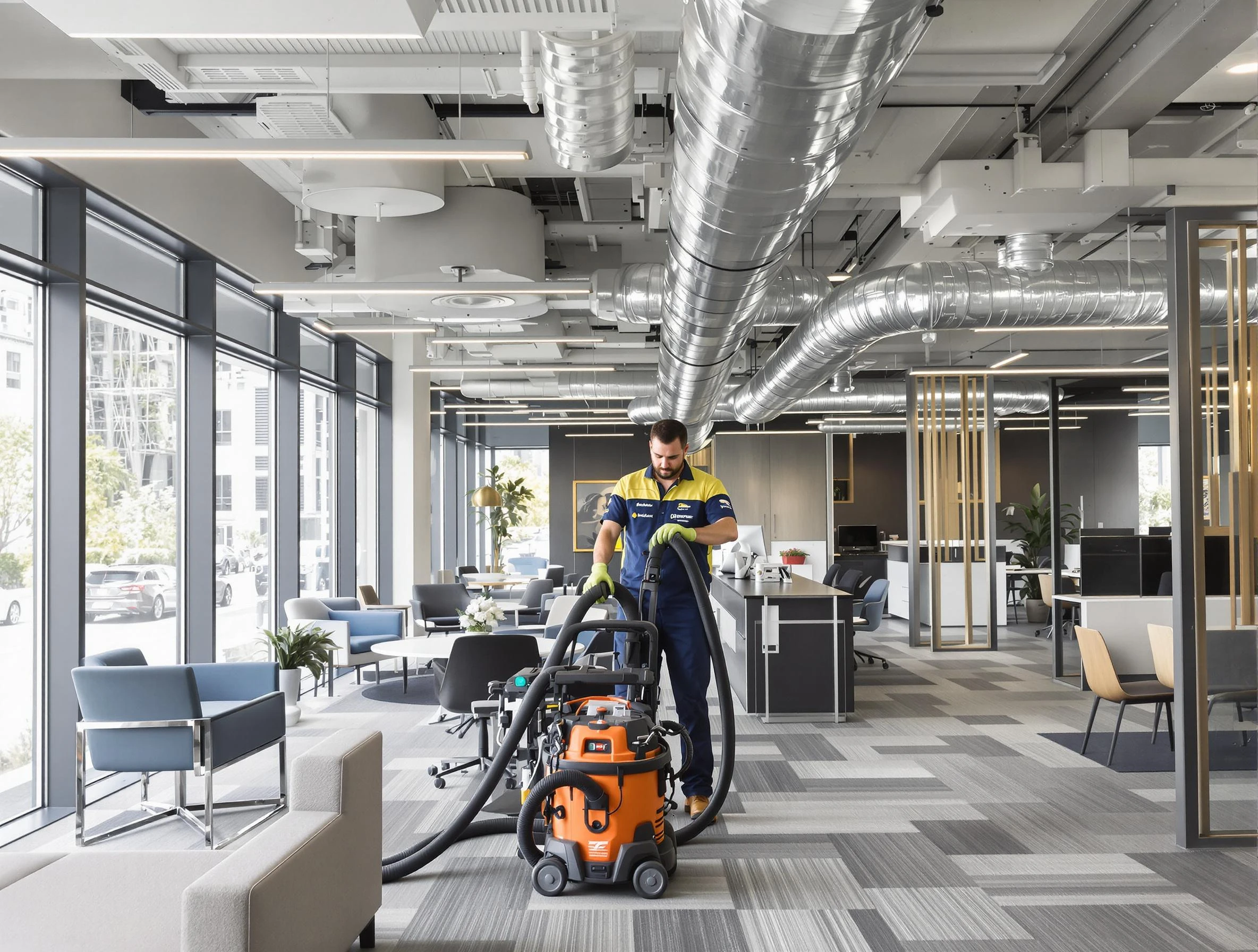 Burlington Air Duct Cleaning team performing thorough commercial duct cleaning at a Burlington business center