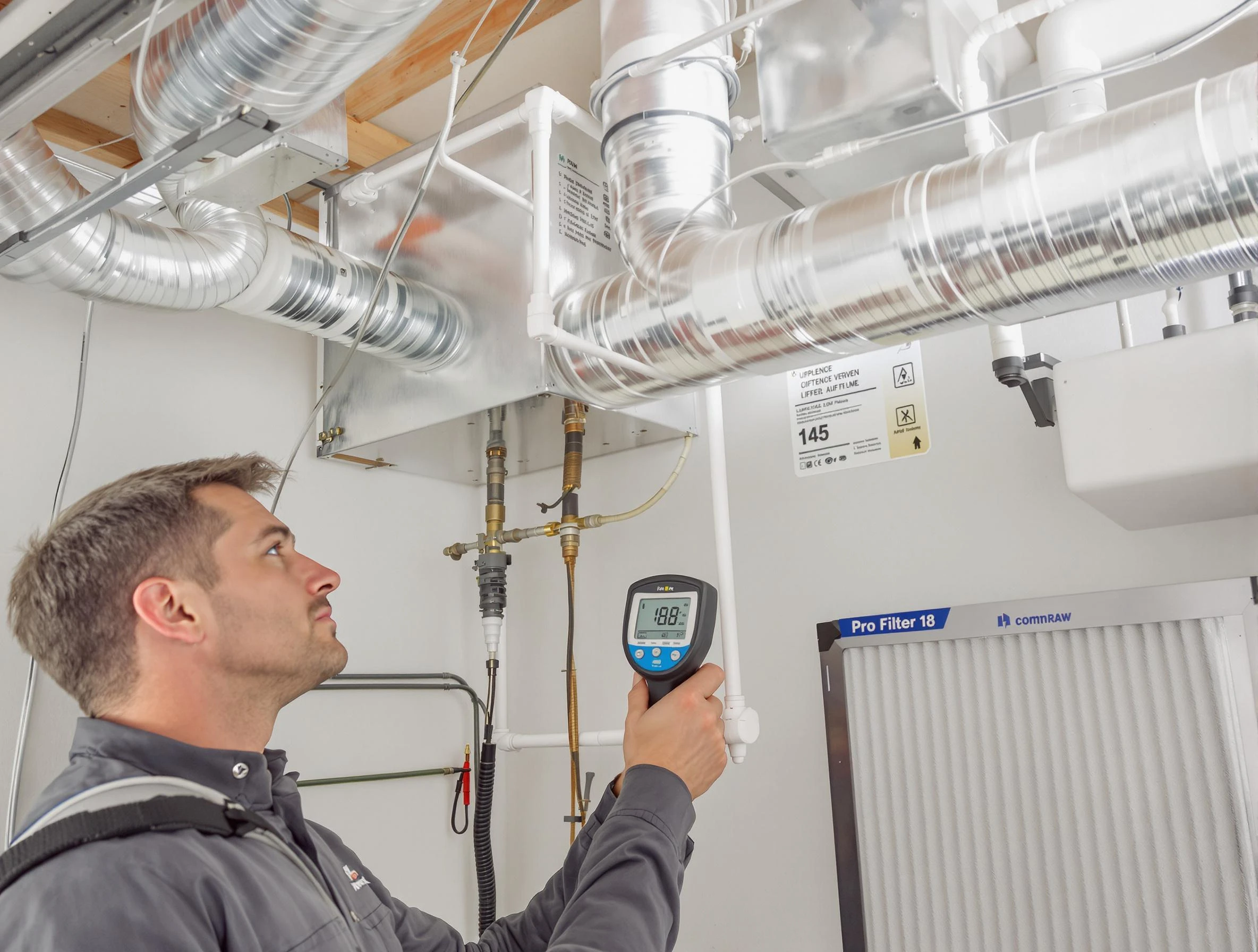 Burlington Air Duct Cleaning expert conducting detailed filter system inspection using diagnostic tools in Burlington